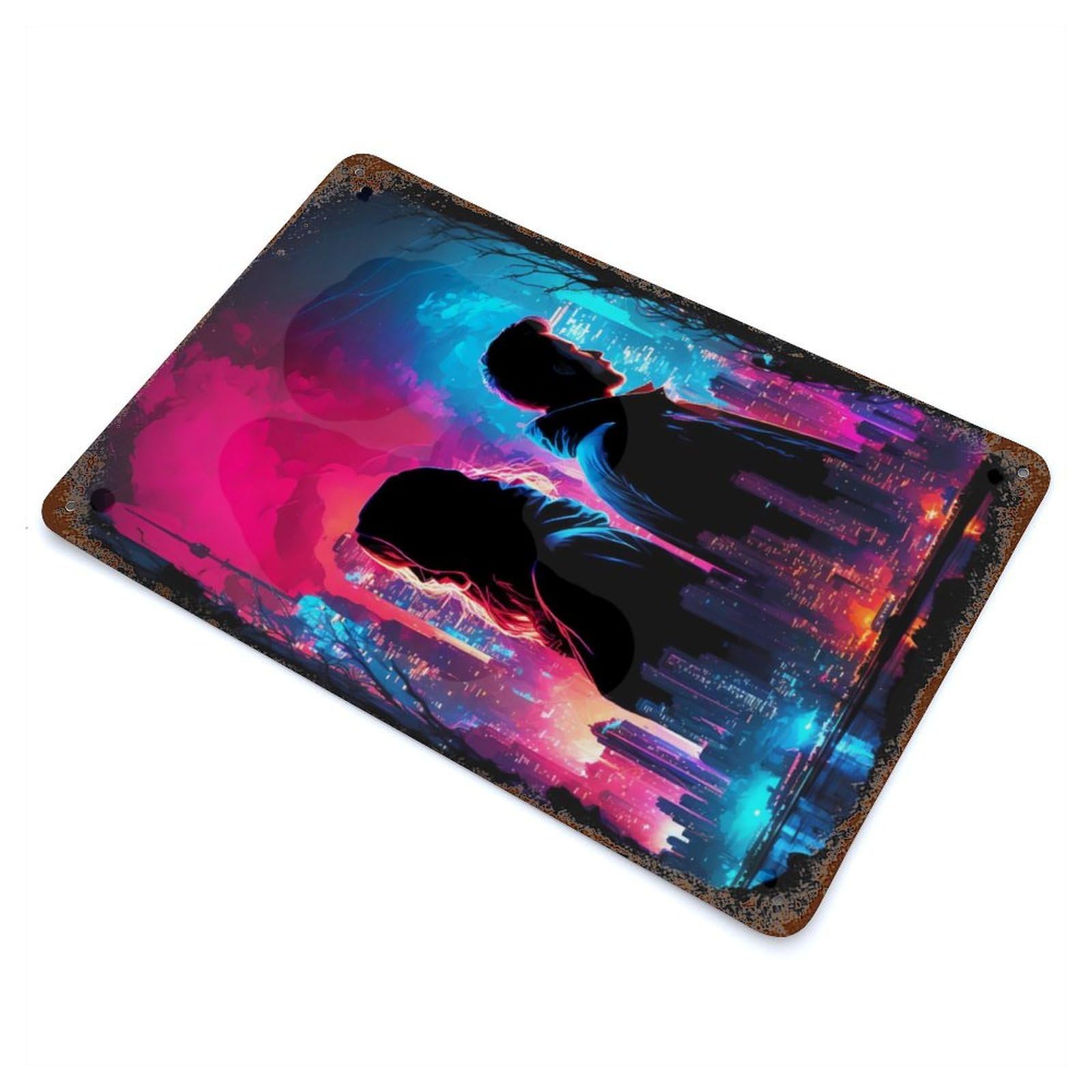 Garage Style Neon Nightscape Romance Distressed Metal Wall Sign 11.8"x7.9", Retro Wall Decor for Bar And Workshop