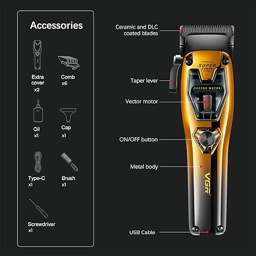 Miniatura 6 de VGR 668 cortapelos para hombres profesionales, 11000 RPM motor vectorial cortapelos de peluquería inalámbrico de cerámica y DLC, kit de corte de
