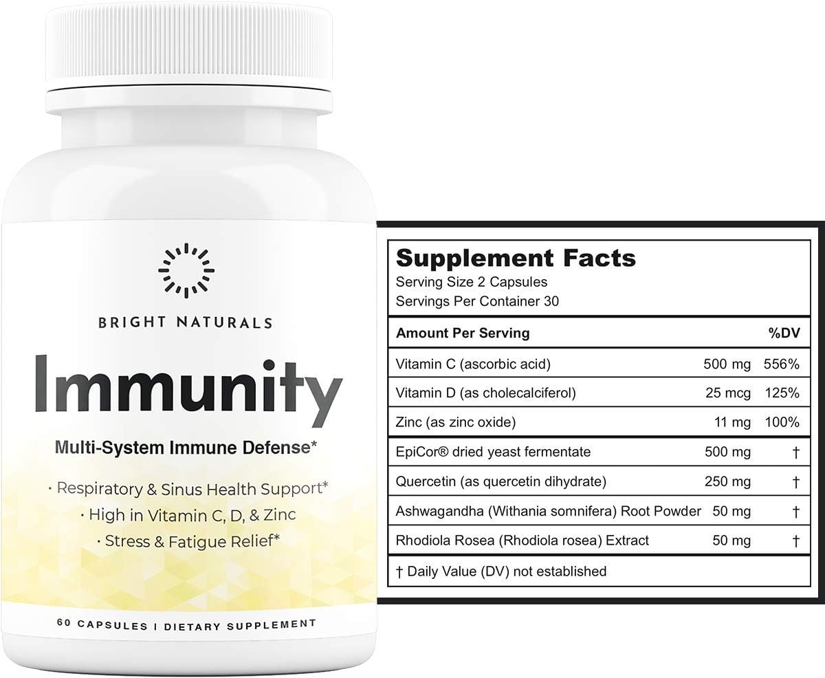 Bright Naturals: Immunity Support - 60 Capsules - Multi-System Immune Defensive Support - High in Vitamin C, D, and Zinc - Respiratory and Sinus Health Support - Helps Aid in Stress and Fatigue Relief