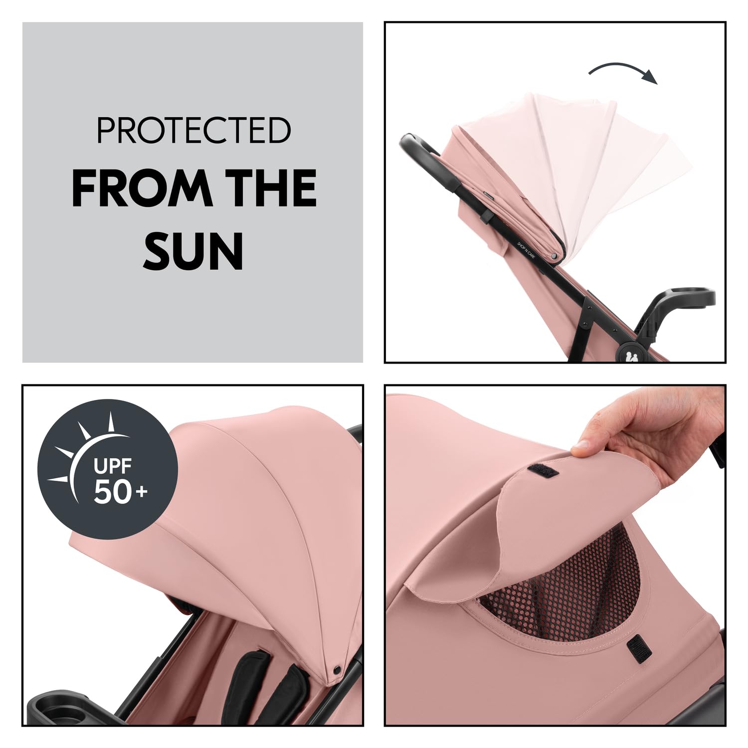 Hauck Shop N Care - Passeggino leggero (solo 8,5 kg) con vassoio per merenda, portabicchieri e parapioggia, compatto e pieghevole con una sola mano, completamente reclinabile dalla nascita fino a 22