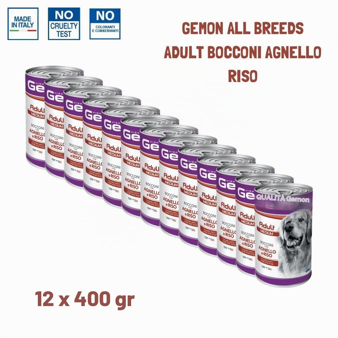 Gemon Umido Cane Adult All Breeds gusto AGNELLO, morbido patè per cani adulti, alimento completo | 12 scatolette da 400 grammi l’una.