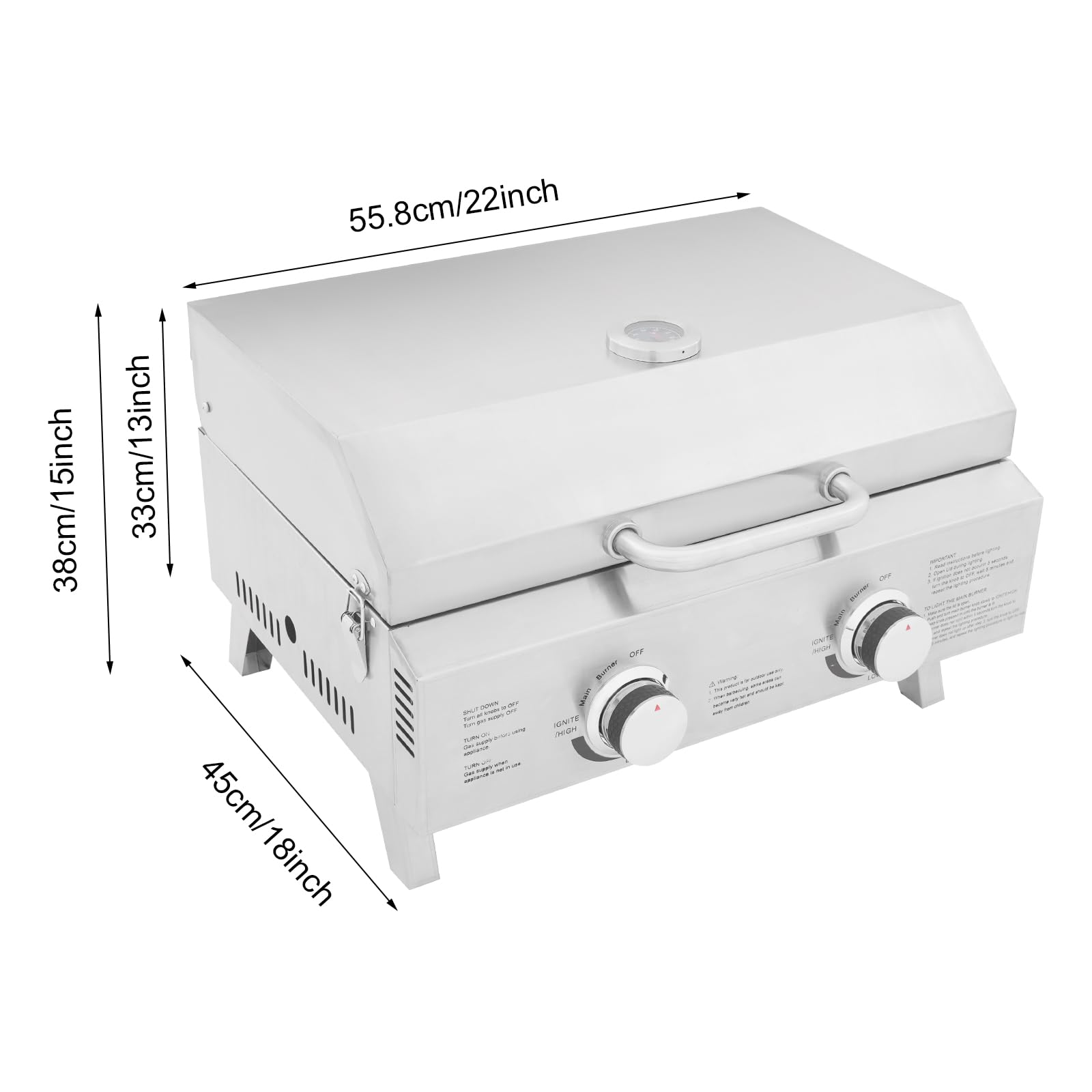 Barbecue à gaz portable en acier inoxydable avec 2 brûleurs, barbecue pliable pour arrière-cour, jardin, terrasse et pique-nique, 22 x 18 x 15 pouces