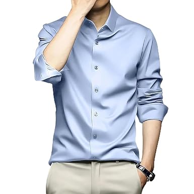 DEELMO Men's Stylish Solid Satin Shirt