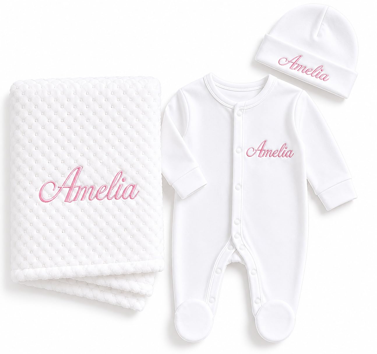 Lobeko Personalised Baby Gift Set for Newborn Baby, Embroidered Waffle Blanket, Cotton Sleepsuit & Hat 0–3 Months – Custom Baby Name for Boys, Girls & New Parents (Pink Thread Colour)
