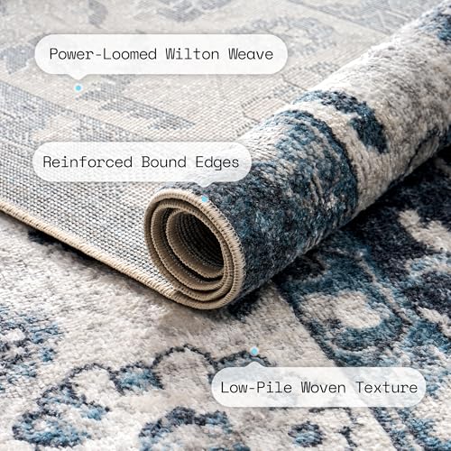 Image of AMERLIFE 5'x8' Wilton Collection Area Rug, Durable Low Pile Non-Slip Washable Rug for High Traffic Areas, Distressed Vine Pattern Vintage Rug for Living Room, Bedroom, Dining Room, Blue /White