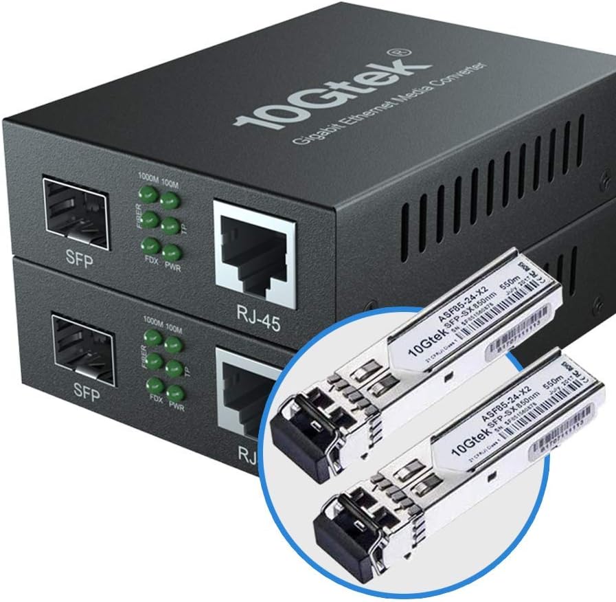 10Gtek [2 Pack] Gigabit Ethernet Media Converter with a 1Gb SFP SX LC Multimode Module, 10/100/1000M RJ45 to 1000Base-SX, up to 550m, with a British Power Supply