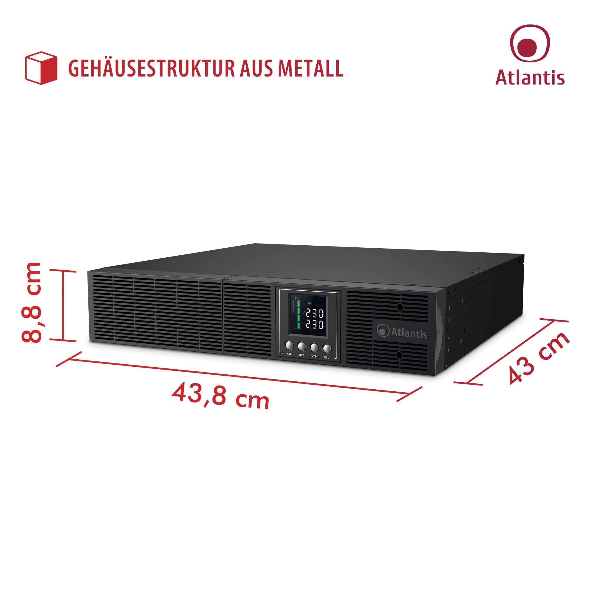 Atlantis A03-OP1302-RC USV OnLine USV Doppelwandlung Reine Sinuswelle 1300 VA 900 W, Server-Rack, LCD-Display, USB, RS-232 seriell, 8 IEC-Ausgänge, SNMP-Steckplatz, 2x12V-9Ah