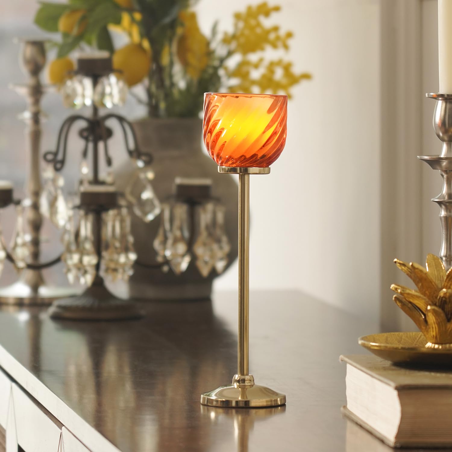 Pure Home + Living Orange Swirl Texture Candle Holder with Stand - Large for Home Decor, Outdoor| Candle Stand for Home Decoration and Best for Diwali Gifts Items and for Diwali Decor (Pack of 1)-image-24