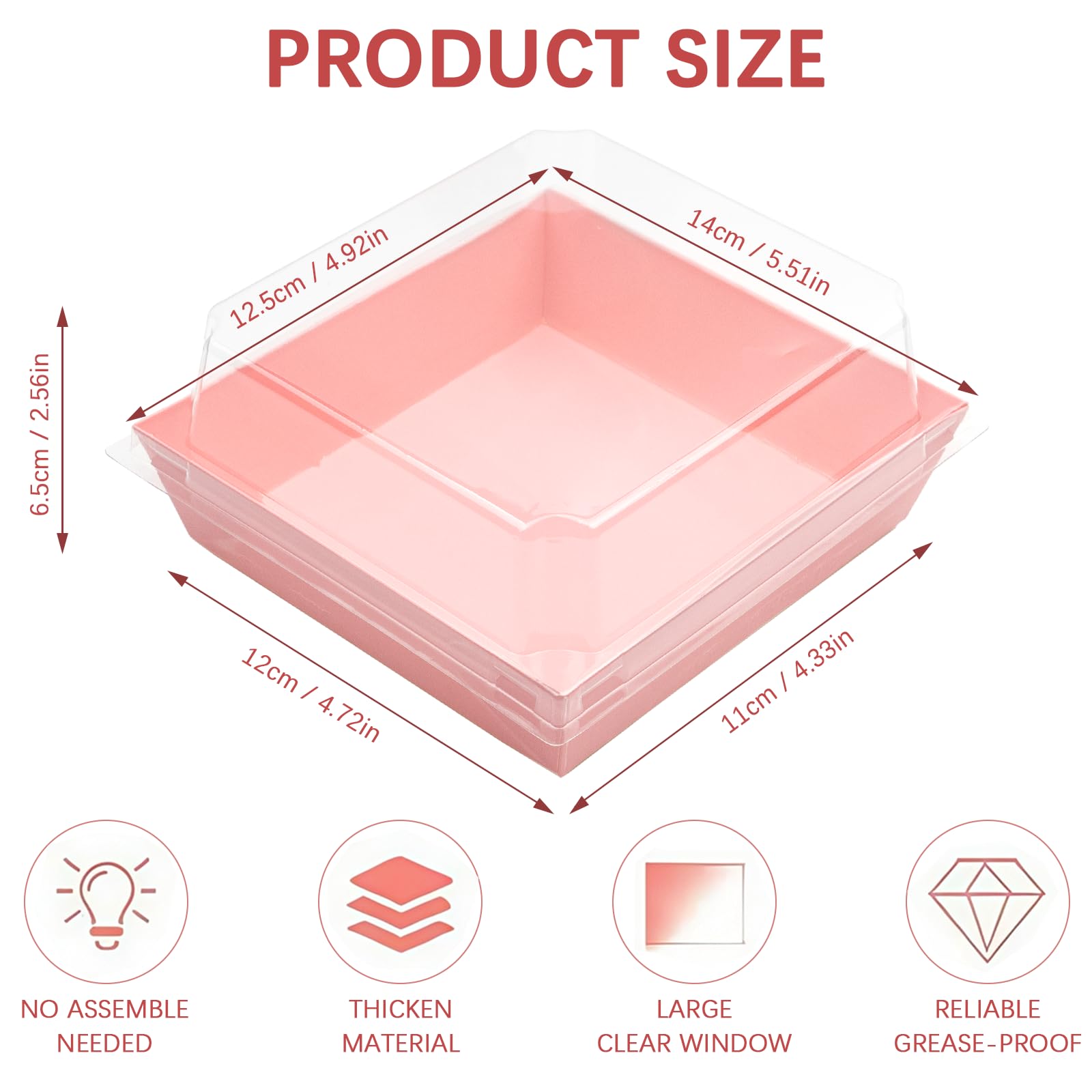 Confezione da 100 scatole per salumi con coperchio trasparente da 12,7 cm, scatole usa e getta per torte, dessert, contenitori quadrati per biscotti, panini, fette di torta, bombe al cacao