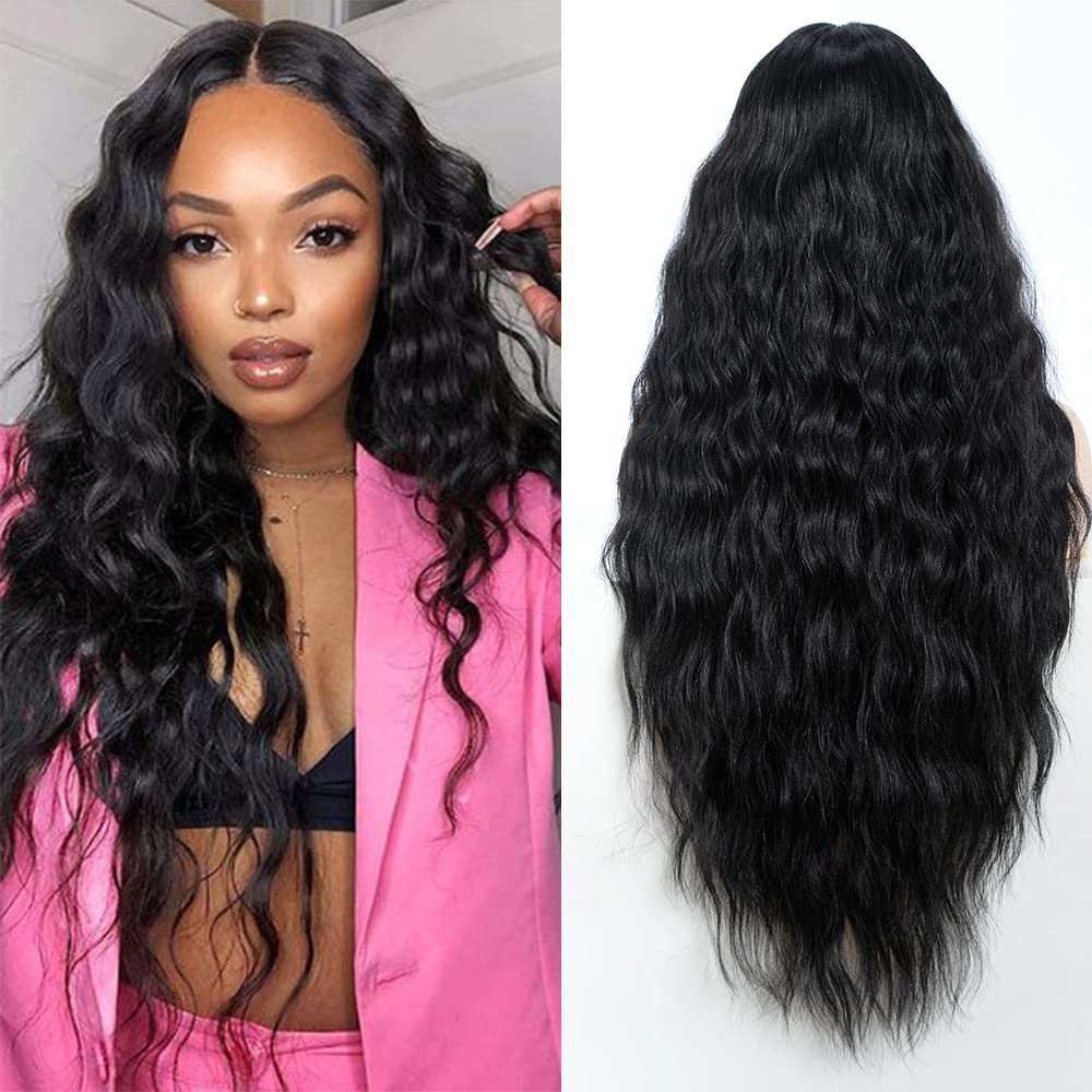 FASHION IDOL Parrucche lunghe ondulate sintetiche con pizzo frontale 30 pollici con parte centrale profonda parrucche di capelli per bambini per donne resistente al calore