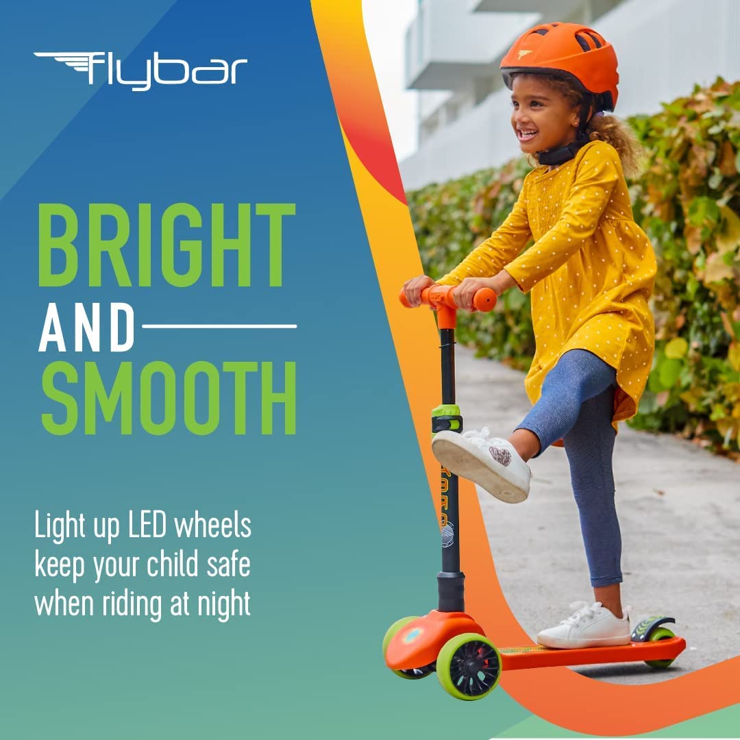 Flybar Aero 3 Wheel Kick Scooter for Kids - Kick Scooter, Step Brake, Adjustable Height & Lean to Steer - for Boys and Girls Ages 3-12 Year Old (Orange Flame LED)