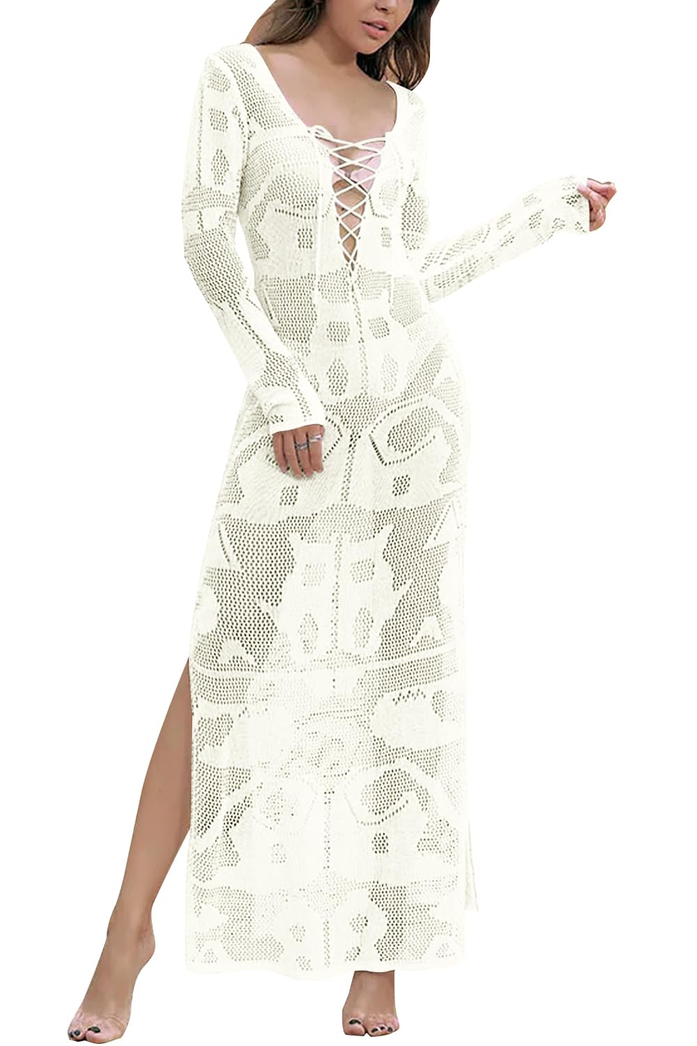 JFAN Vestido de Bikini Mujer Verano Largo Traje de baño Bikini Cover Up con Abertura Lateral V Cuello Vestido de Playa Suelto