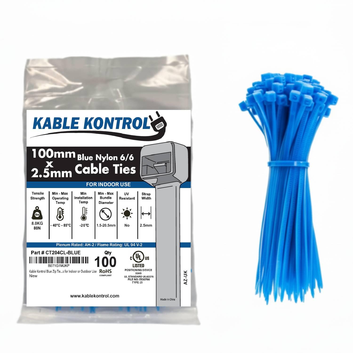 Kable Kontrol Blue Cable Ties, 100 mm x 2.5 mm, Pack of 100, 4" Premium Nylon Zip Ties, Multi-Purpose Plastic Tie Wraps, Secure Self-Locking Mechanism, for Home, Garden, Office and DIY