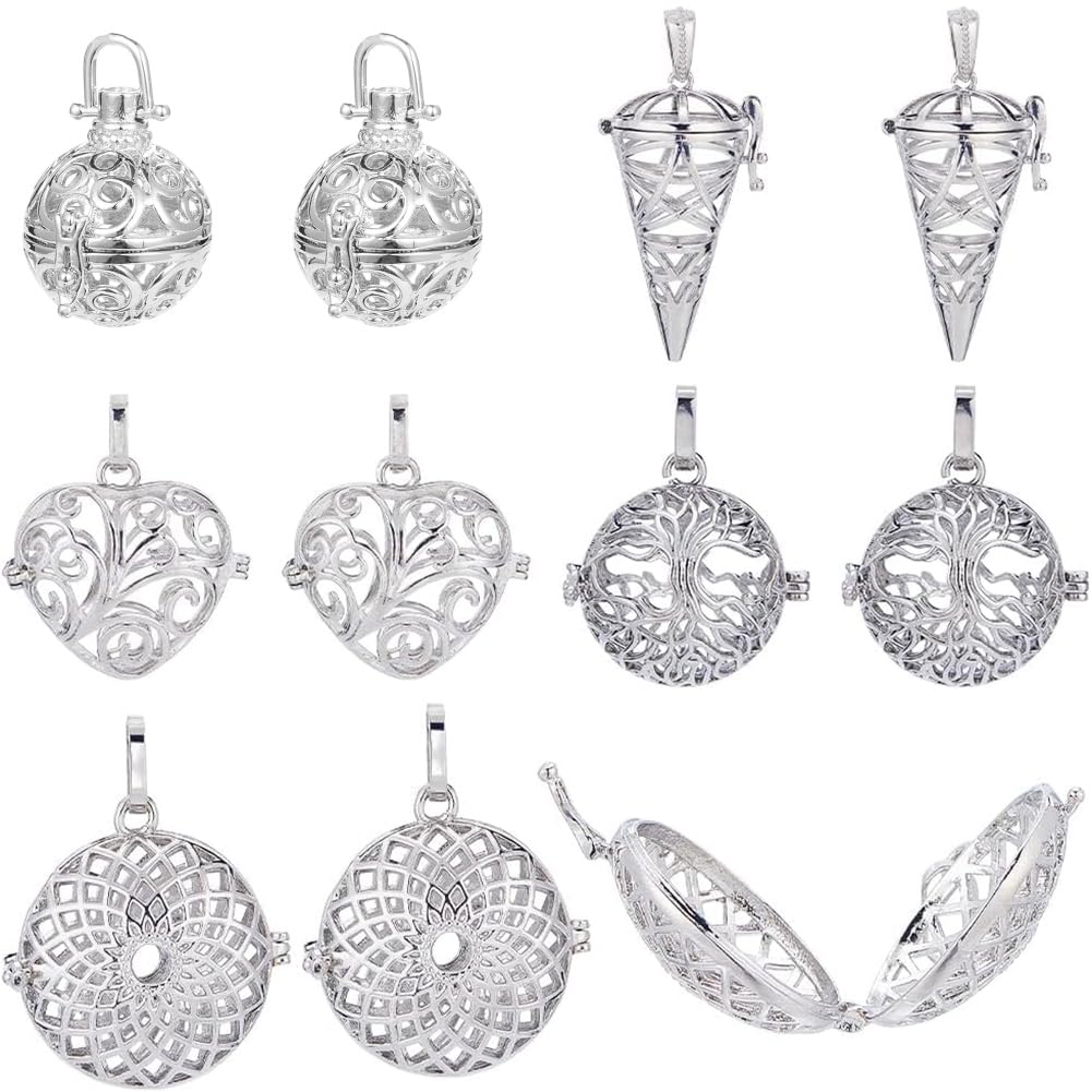 SUNNYCLUE 10Pcs Cage Charms Chime Ball Brass Locket Crystal Necklace Holders Knot Cone Shaped Pendants Openable Love Heart Large Pendant for Jewellery Making