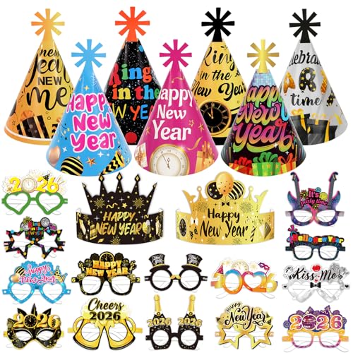 DPKOW 23pcs Multicolor Sombreros Gafas de Fin de Año 2026 de Papel, Gorros de Corona Cónica Año Nuevo Gafas para 2026 Nochevieja Cotillon Accesorios Photocall Fin de Año