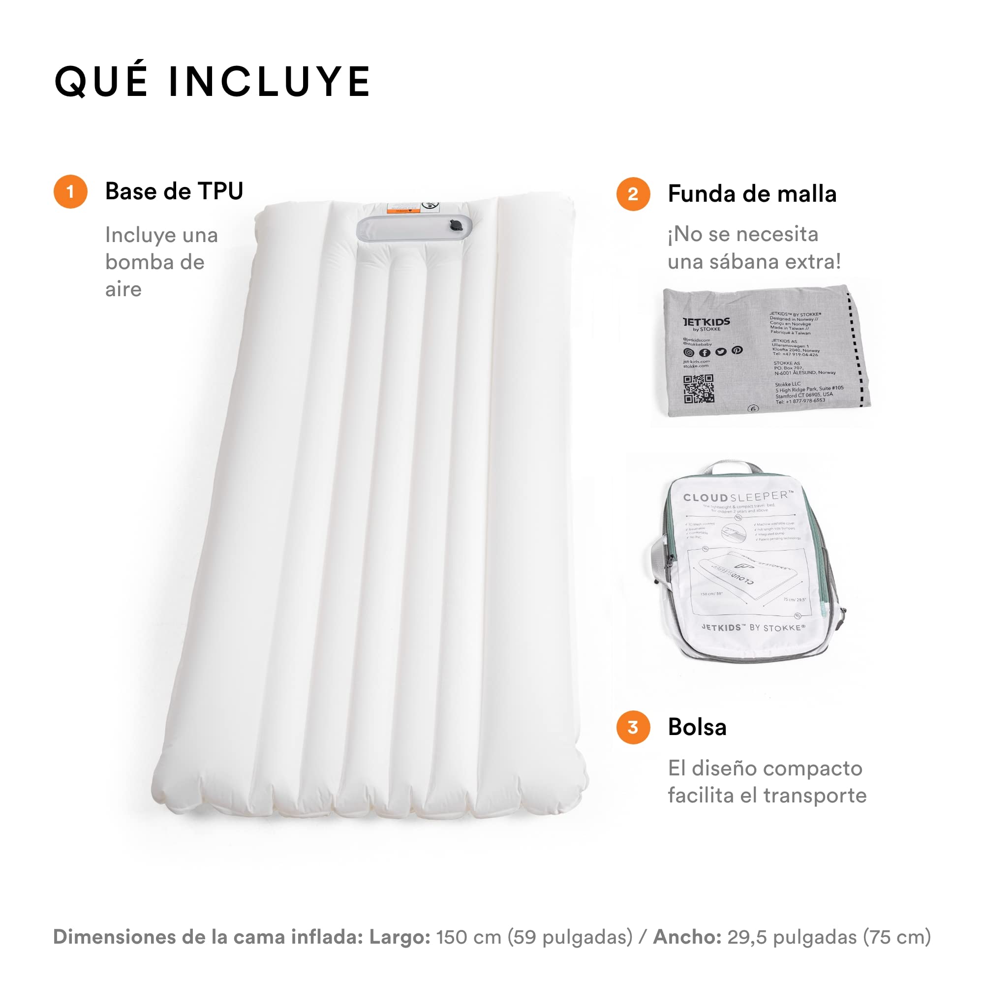 Stokke JetKids CloudSleeper, Blanca - Cama de Viaje Hinchable para Niños - Incluye inflador Integrado y Bolsa de Almacenamiento - Ideal para Partir de 2 años