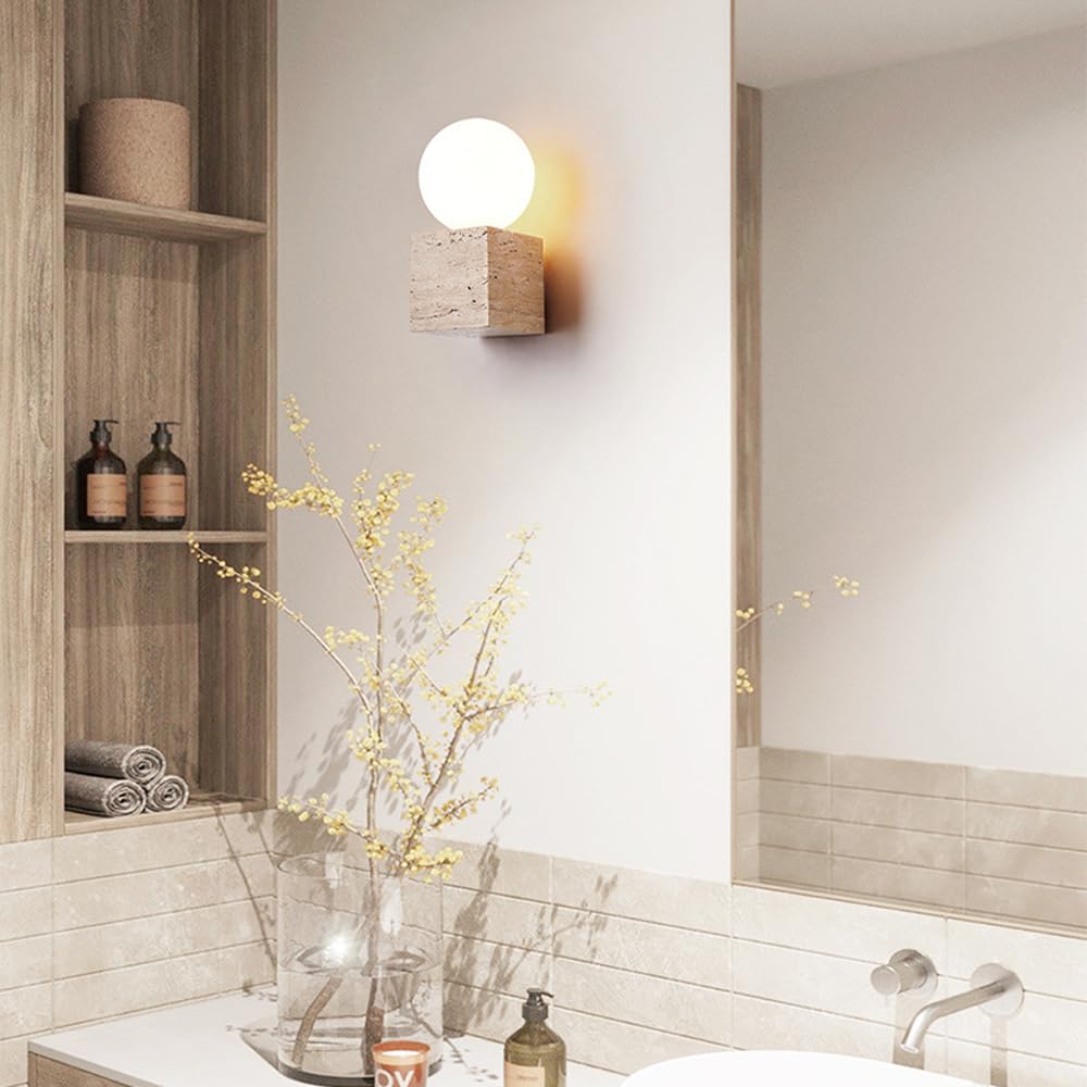 Nordic Industrial Style Wall Light, G9 Base Flush Mount Yellow Travertine Glass Sconce, Single Head Minimalist Lamp, Bedside Living Room Balcony Mounted Fixtures