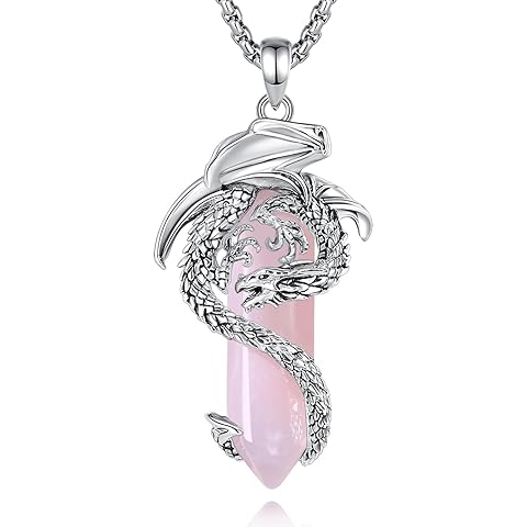 EUDORA Vintage Dragon Necklace with Healing Crystal for Women Men, Silver Plated Copper Viking Dragon Pendant Amulet Energy Gothic Jewelry, Gift for Women Men Dad Mother Mom, Chain 20