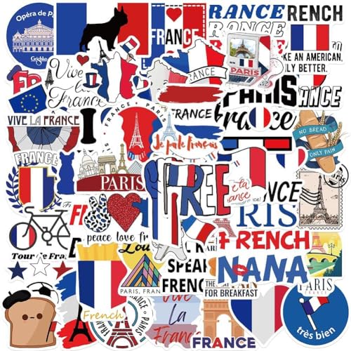 Autocollants France |50Pcs Stickers Vinyle Imperméables sur Thème Français pour Gourdes, Ordinateurs, Valises, Tasses, Téléphones, Skateboards, Guitares