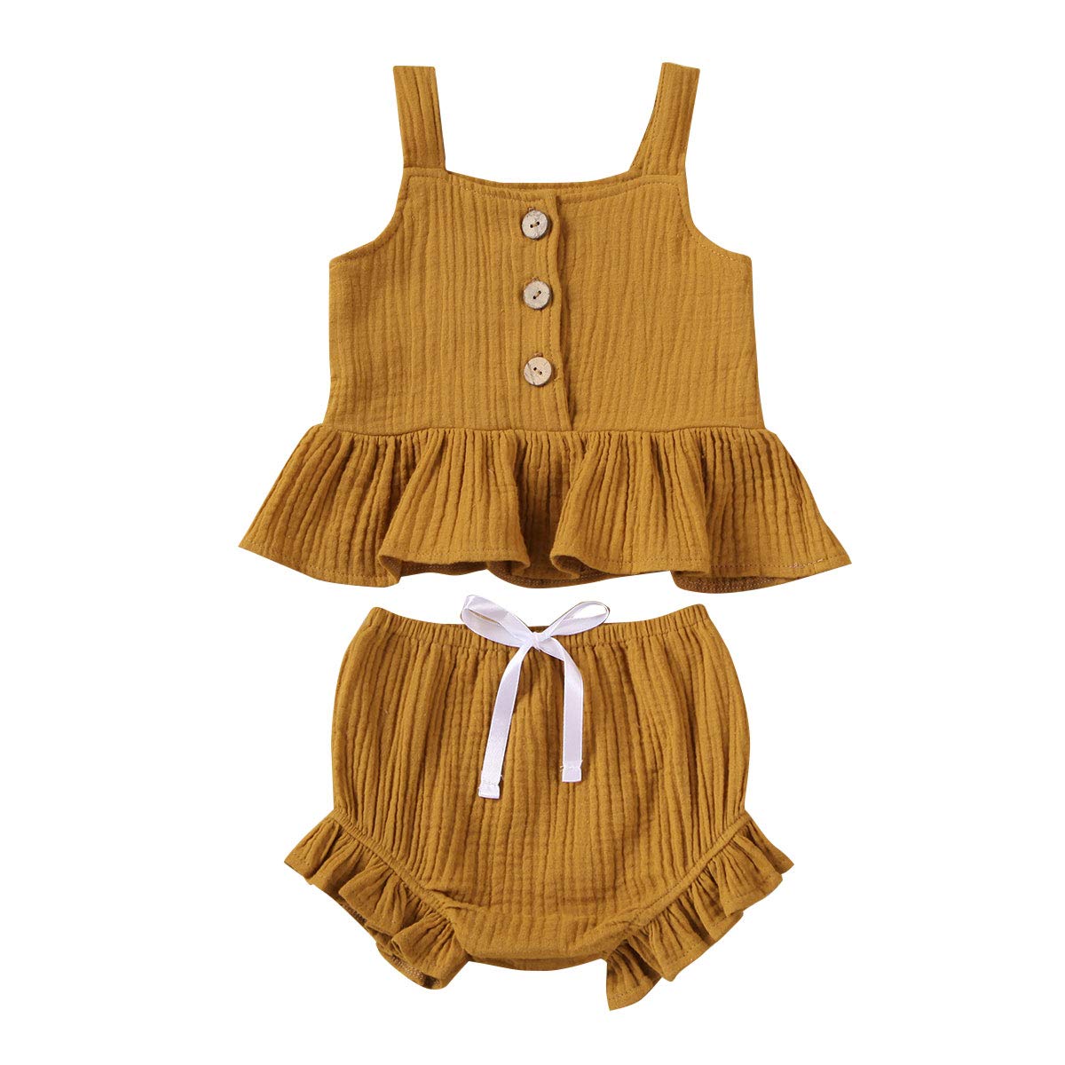 Newborn Baby Girls Summer Outfit Button Sleeveless Crop Tops + Mini Shorts 2pcs Clothing Set (Yellow, 3-4T)
