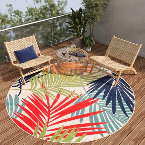 TAPISO Patio Rond Tapis Extérieur Intérieur Terrasse Balcon Jardin d'hiver Cuisine Salon Moderne Multicolore Feuilles Aspect 3D Résistant aux Intempéries...