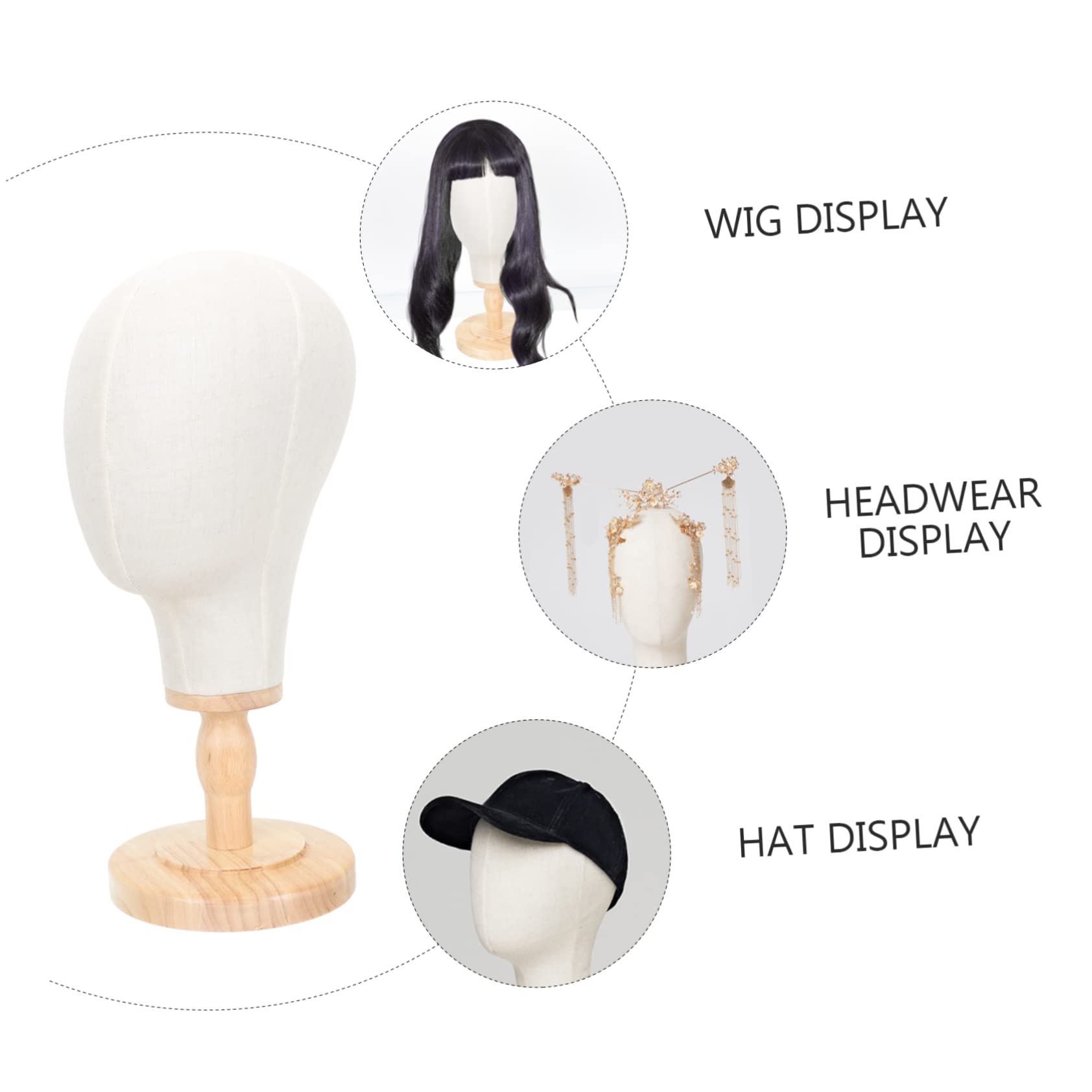 ULTECHNOVO Mannequin de Tête en Lin Support Postiche, Surface Lisse et Socle en Bois pour Usage Quotidien et Présentation de Bonnets et Lunettes