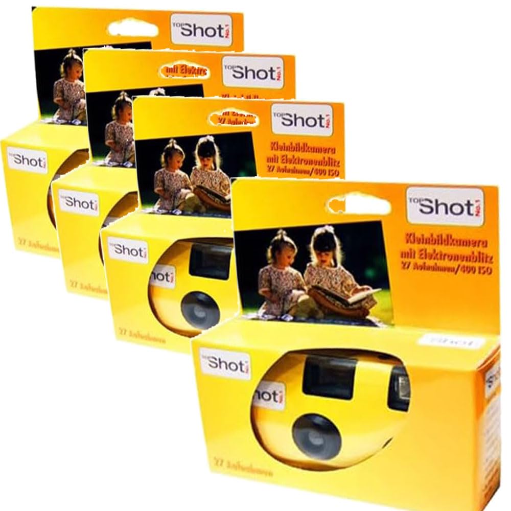 4 cámaras desechables TopShot 1A Photo Porst, color amarillo, para bodas, fiestas (27 fotos cada una, con flash y pilas)