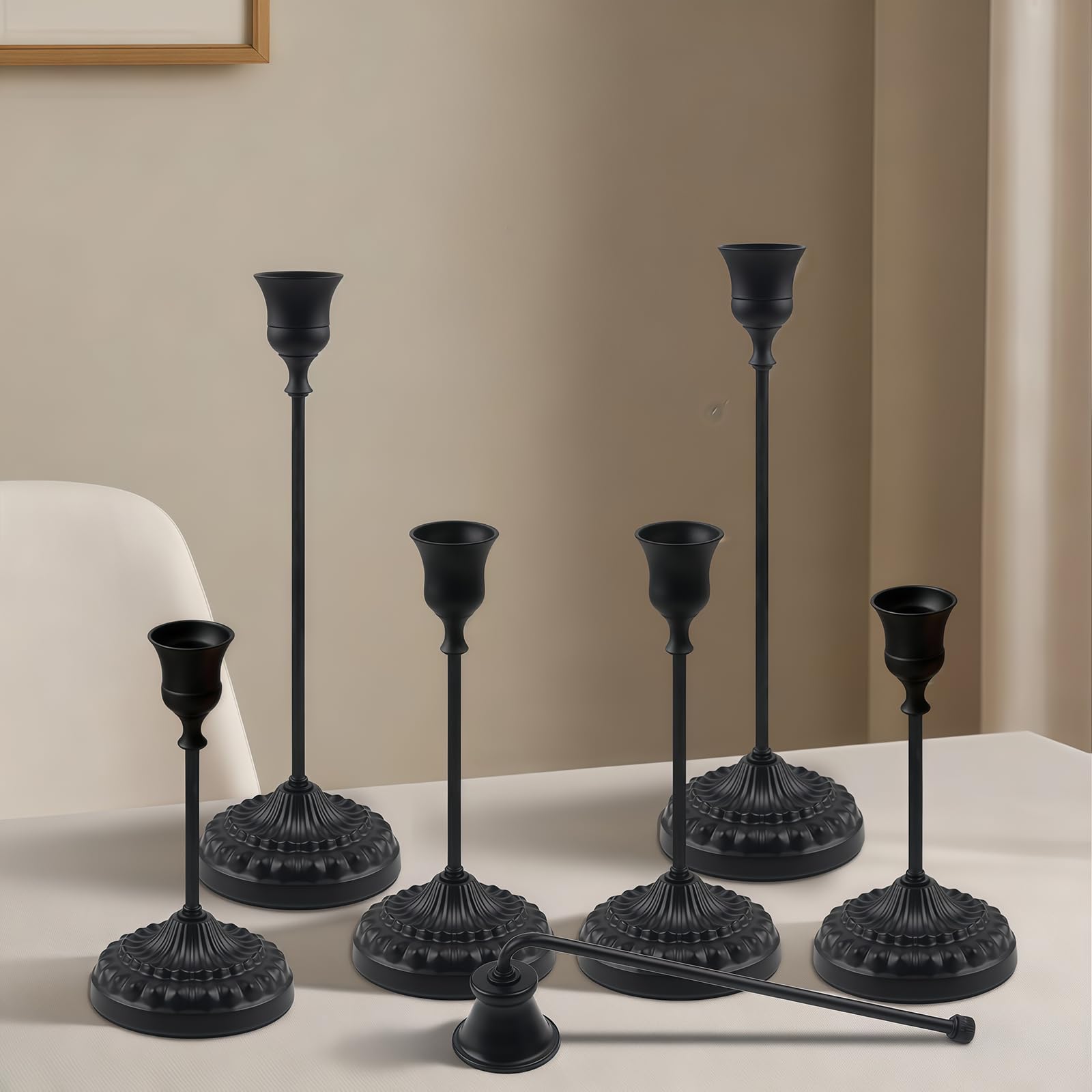 BEAHOT Matte Black Candle Holders Set of 6 with Matching Candle Snuffers – Elegant Non-Slip Candlestick Holders for Christmas Decorations Wedding Centerpiece, Dining Table & Home Gift Display