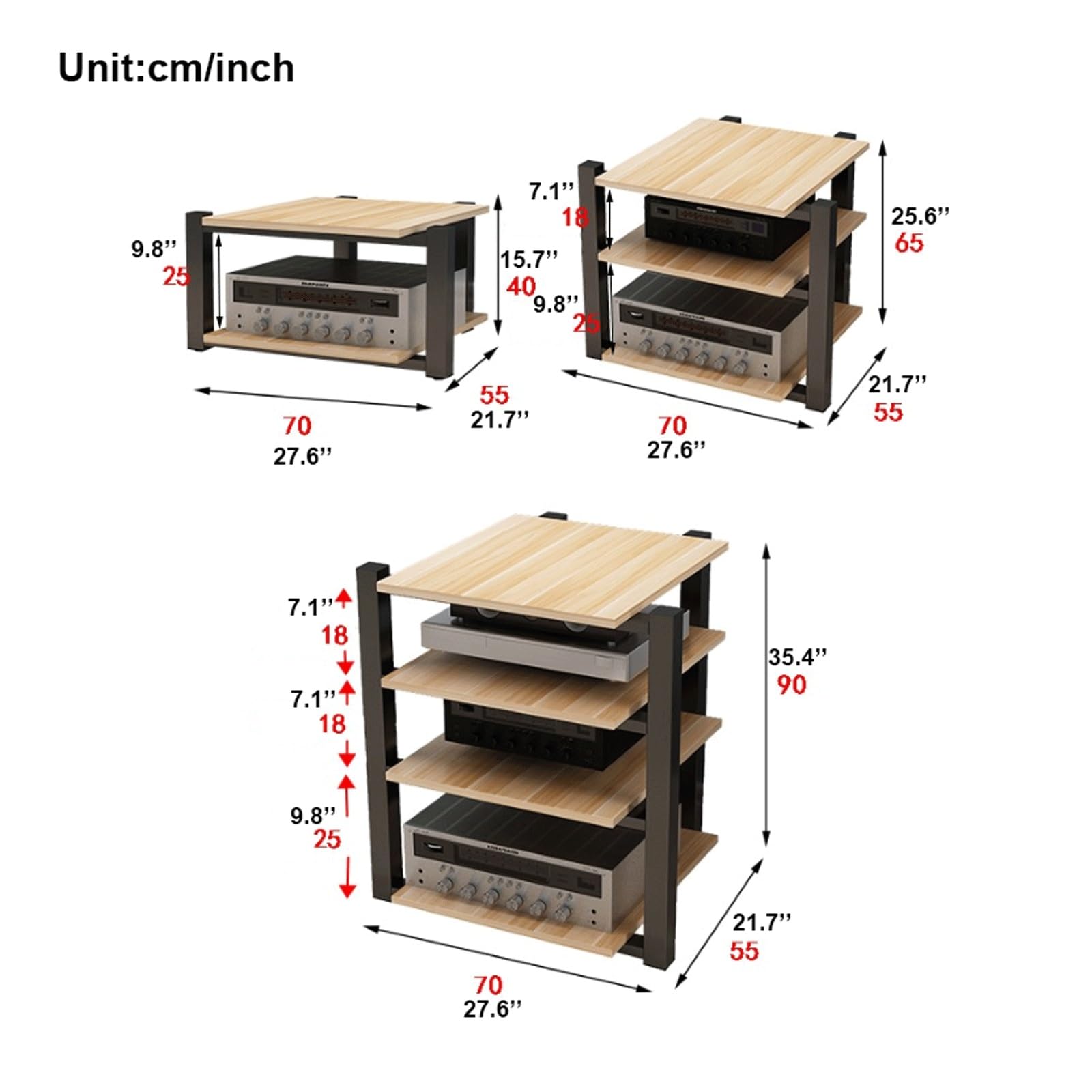 Offener Stereo-Komponentenschrank, AV-Media-Ständer, Holzständer, Audio-Video-Regal, moderner DVD-, CD-Plattenspieler, Konsolenhalter für Heimkino, Wohnzimmer, Walnuss, 4 Etagen