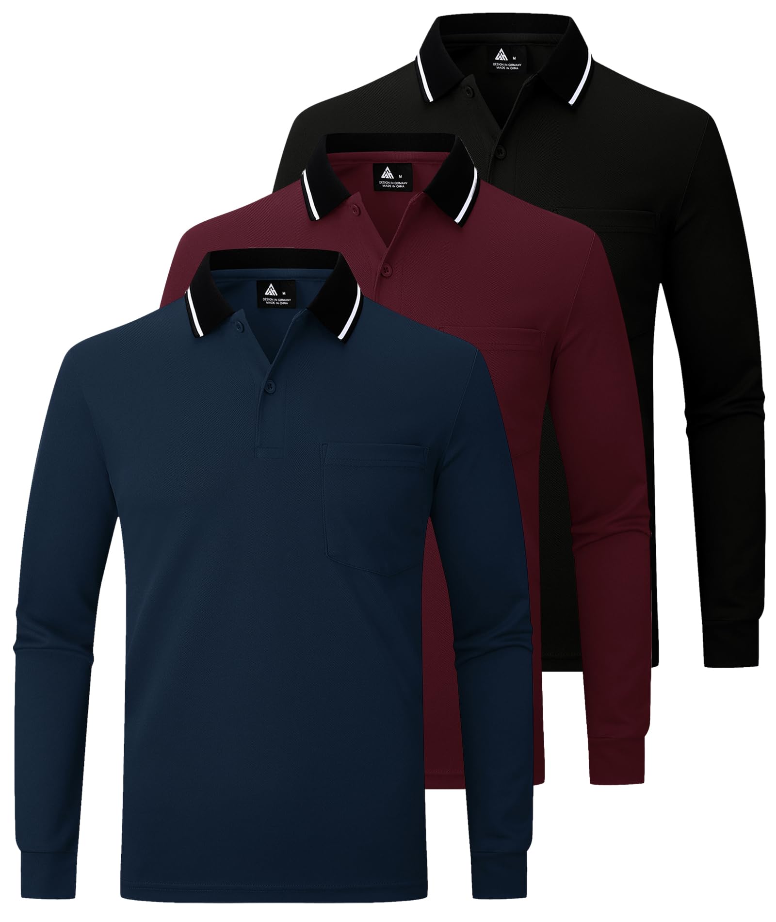 JACKETOWN Polo Uomo Manica Lunga Pacco da 3 Polo Golf Lavoro Traspirante T Shirt con Taschino Primavera Autunno Camicie per la Pesca Escursionismo