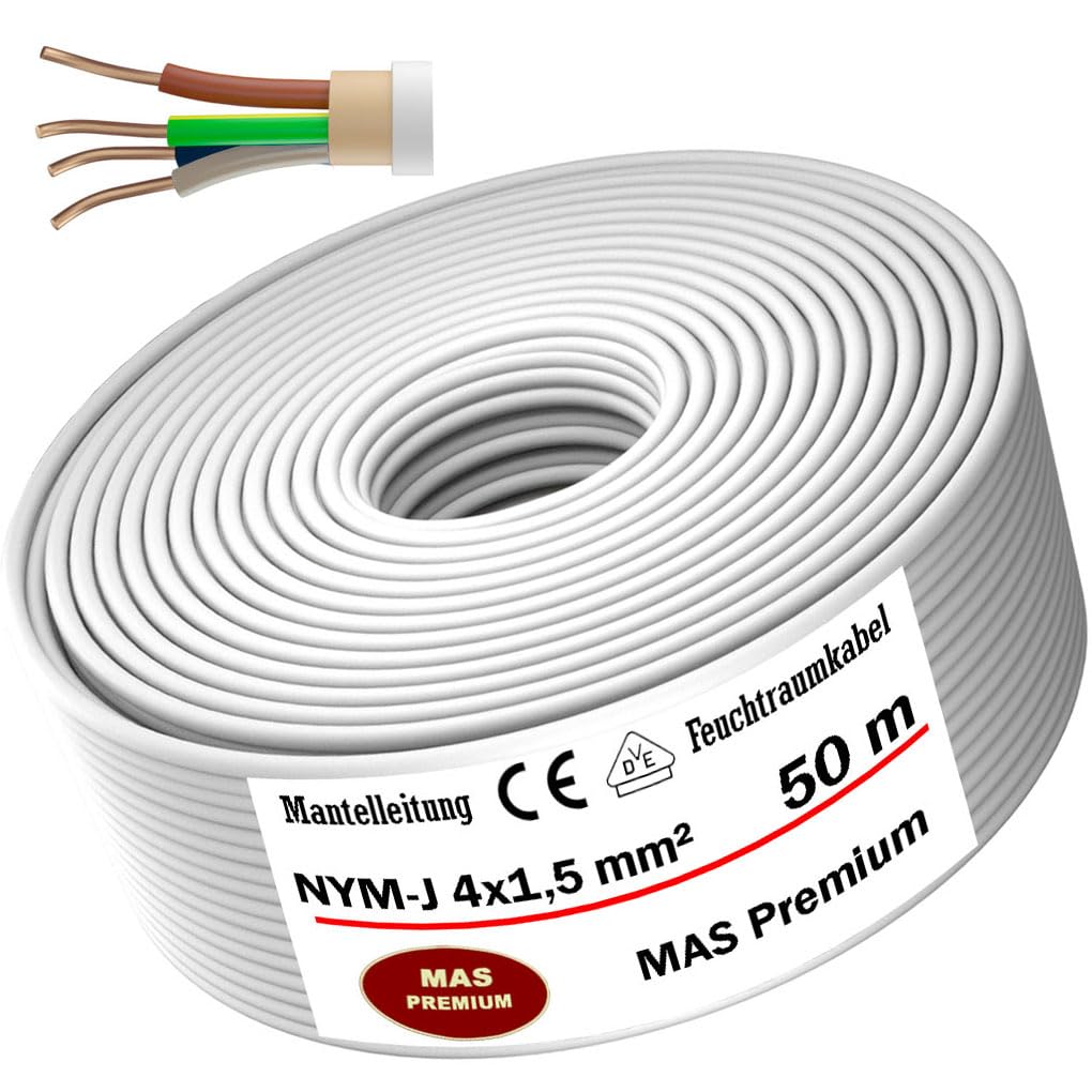 MAS Premium 5-100m Feuchtraumkabel Stromkabel Mantelleitung NYM-J 4x1,5, 2,5, 4, 6, 10 oder 16 Elektrokabel Ring für feste Verlegung (NYM-J 4x1,5 mm², 50m)