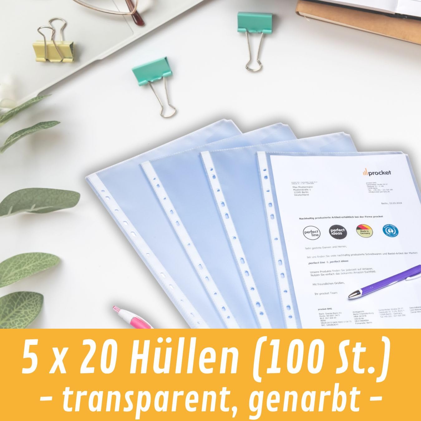 perfect line 100 fundas DIN A4 con solapa, fundas para folletos abiertas lateralmente, hojas transparentes granuladas, 5 juegos (5 x 20 unidades)