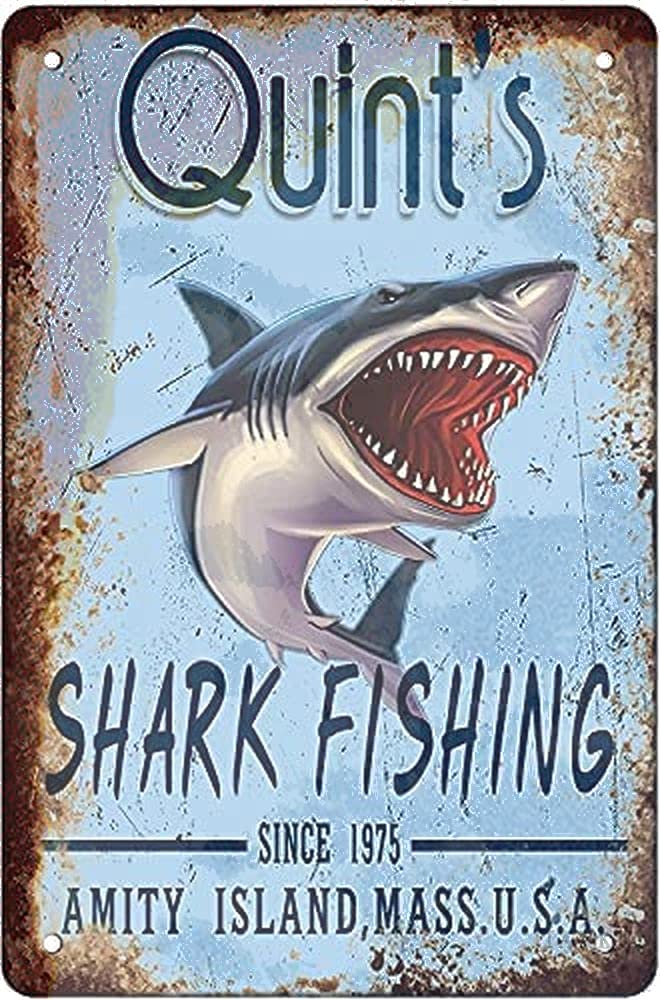 Tin Signs Vintage Metal Sign Retro Style Art Great White Shark 80s Movie Poster Shark Fishing Wall Decoration Sign Iron Pain G Suitable For Indoor And Outdoor Home Bar Restaurant Coffee Kitchen Wall