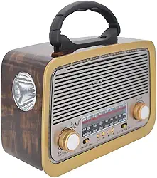 Rádio Retrô 3199 com Bluetooth USB Cartão SD AM FM SW Bateria Recarregável Lanterna Embutida Quatro Cores (Marrom)