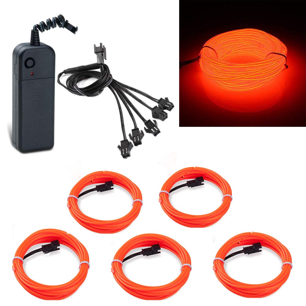 San Jison EL Wire, 5x1meter Flexible Neon 3 Light Modes Portable Battery Powered Electroluminescent Wire Pack Drivers High Brightness for Xmas Car Party Decoration Wedding Pub(Orange)