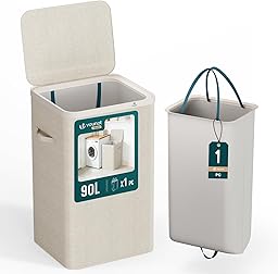 VOUNOT® Cesto Portabiancheria 90L Rettangolare con Coperchio, Cesto Biancheria con Sacco Rimovibile Autoportante e Manici, Salvaspazio per Bagno, Camera da Letto Lavanderia e Soggiorno, Beige