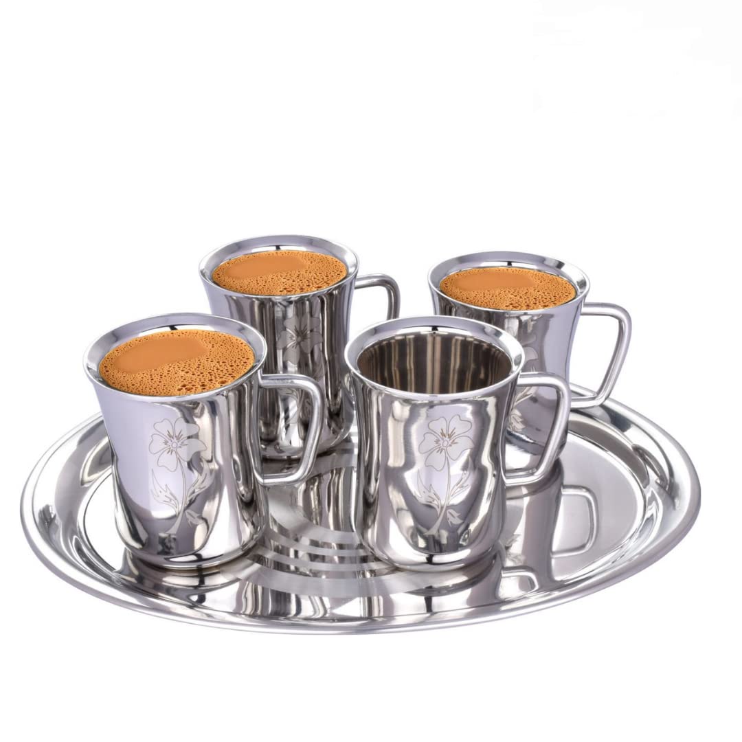 eBunStainless Steel Small Double Wall Tea and Coffee Cups Set with Tray 6 Pieces Silver 80 Ml