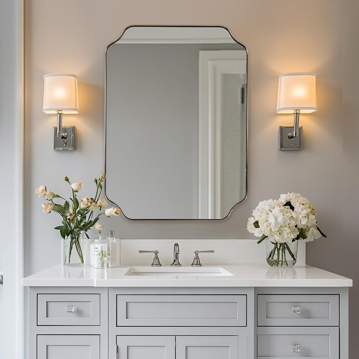 ANDY STAR Scalloped Bathroom Mirror, 24x32’’ Brushed Nickel Rectangle Mirror for Bathroom, Silver Bathroom Vanity Mirror, Unique Scalloped Edge Design, Rust-Proof Stainless Steel Frame Brushed Nickel 32"L x 24"W