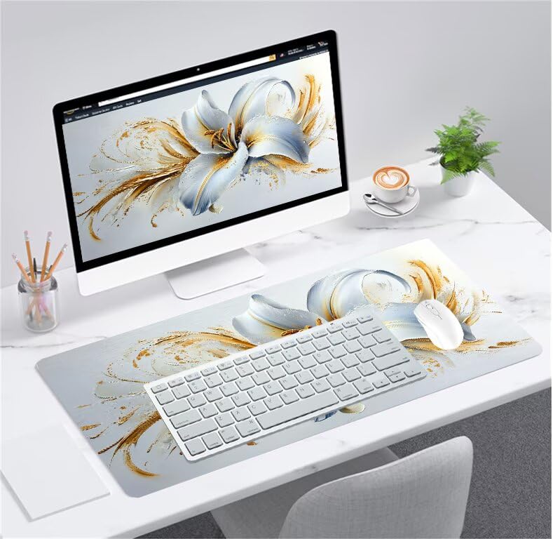 Sous Main Souris Anti Effilochage Tapis Grand Format Blanc Fleur G1-236 - 2