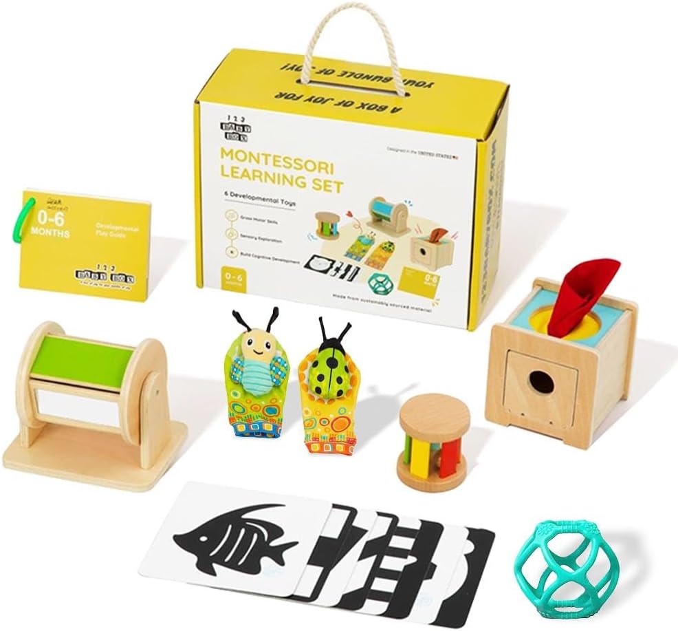 - Montessori Toys for Babies 0-6 Months - 6-in-1 Educational Sensory Development Kit with Rolling Bell, Magic Tissue Box, Spinning Drum & More