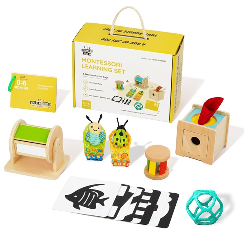 - 123 BABY BOX Montessori Toys for Babies 0-6 Months - 6-in-1 Educational Sensory Development Kit with Rolling Bell, Magic Tissue Box, Spinning Drum & More