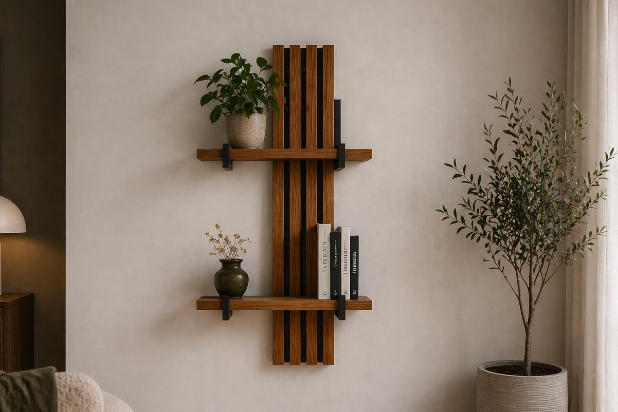 Living Oak NO.04 - Estantería flotante de 2 niveles, de madera maciza, para montaje en pared, moderno, para sala de estar, 50-65 x 22 x 130 cm