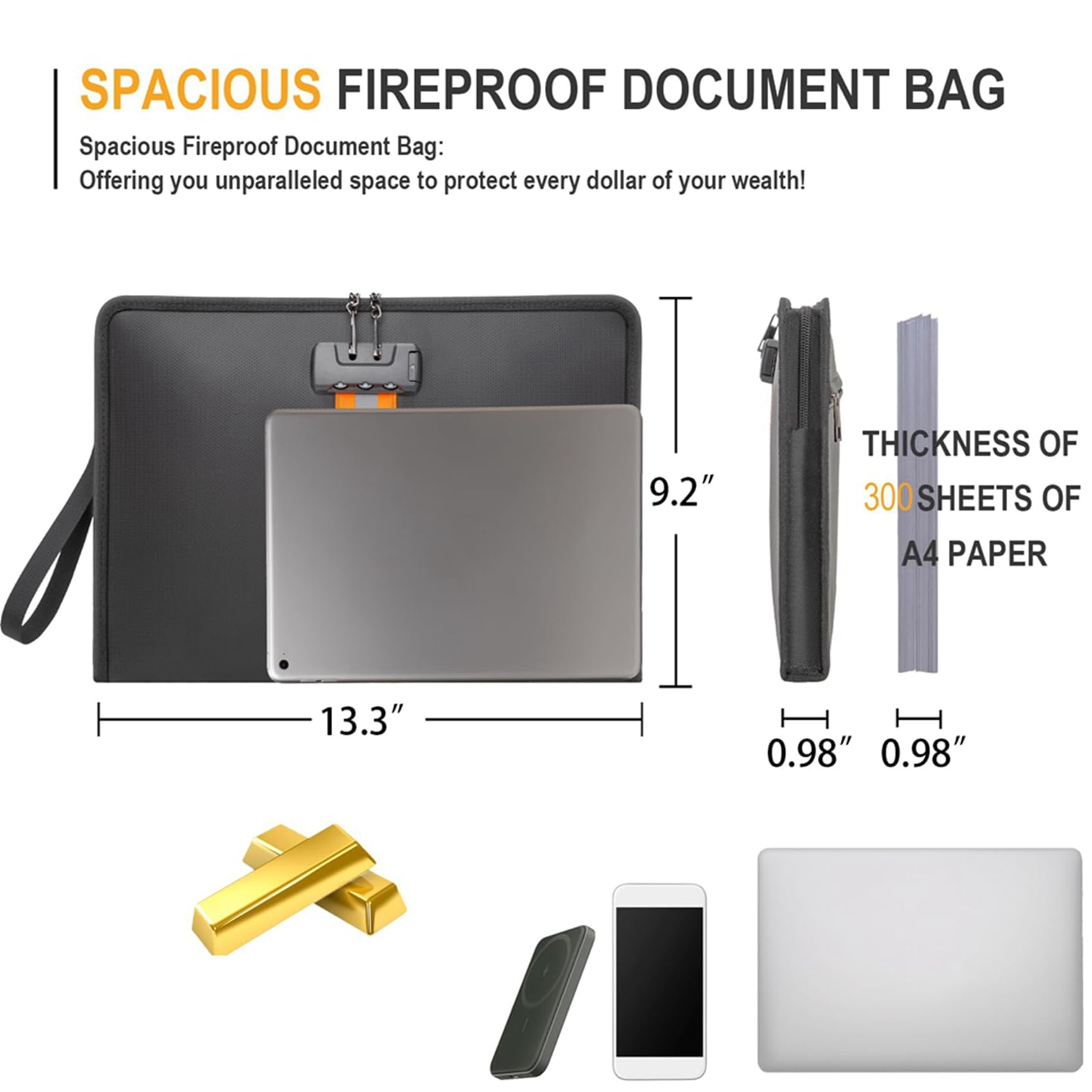 3X Borsa Portadocumenti Ignifuga con Lucchetto, Borsa Portasoldi Ignifuga da 13x9,2 Pollici, con Cerniera e Lucchetto, Adatta per Tablet e Documenti A4