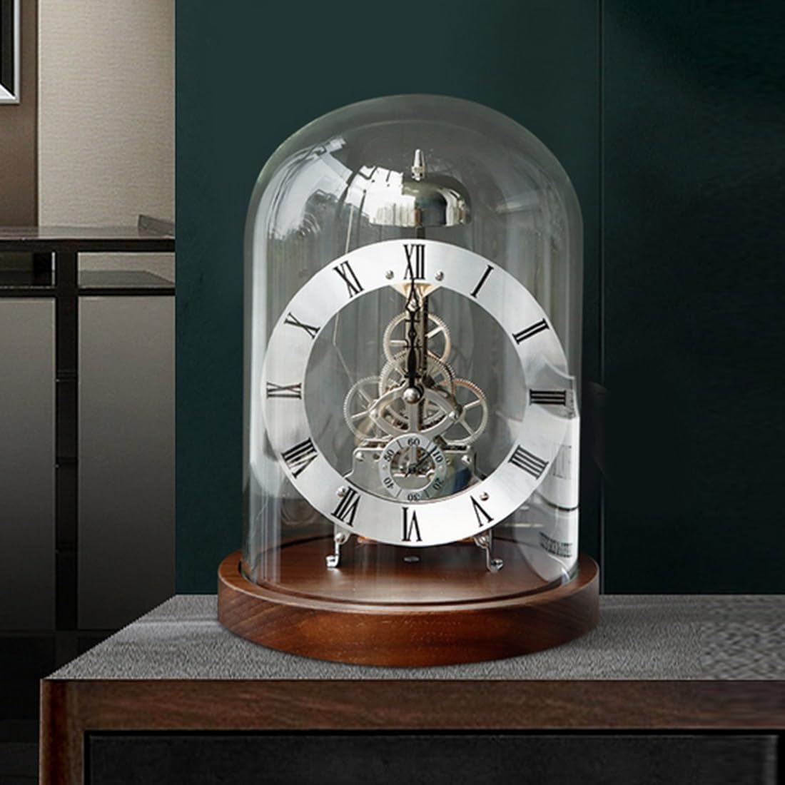 Zegar biurkowy LED, przezroczysty zegar mechaniczny retro, klasyczny zegar kwarcowy ze szklaną kopułą, klasyczny zegar stołowy, lampa LED do sypialni, salonu,