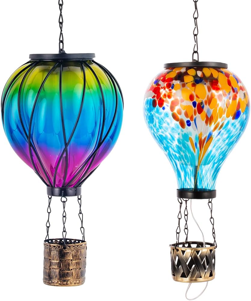 Solar Hot Air Balloon Outdoor Lantern with Flickering Flame, Tie-dyeGlass Hanging Outdoor Lantern Waterproof Decorative Lantern Lamp for Patio, Garden, Porch