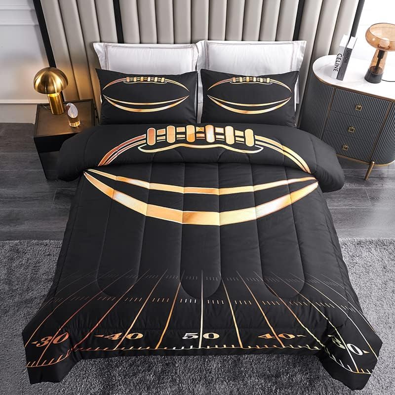 Boys Comforter Set, Twin Size, Football Themed, 3 PCS Including 1 Comforter & 2 Pillowcases, All Season Use, Black and Gold