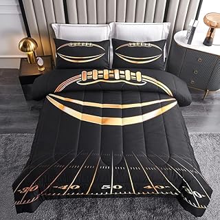Boys Comforter Set, Twin Size, Football Themed, 3 PCS Including 1 Comforter & 2 Pillowcases, All Season Use, Black and Gold