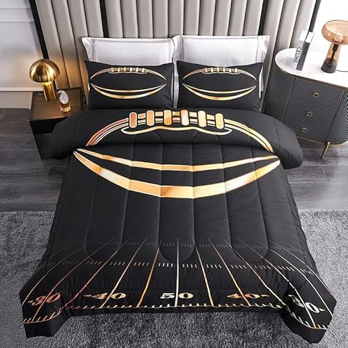 Helloosuu Boys Comforter Set, Twin Size, Football Themed, 3 PCS Including 1 Comforter & 2 Pillowcases, All Season Use, Black and Gold
