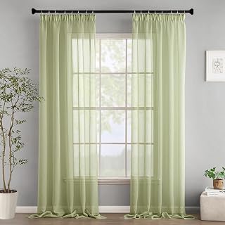 Woaboy Gardinen mit Kräuselband Voile Vorhänge Wohnzimmer Transparent Sheer Curtains Stores Gardine Schlafzimmer Modern Schlaufengardinen 2er Set 140x260cm (BxH) Grün