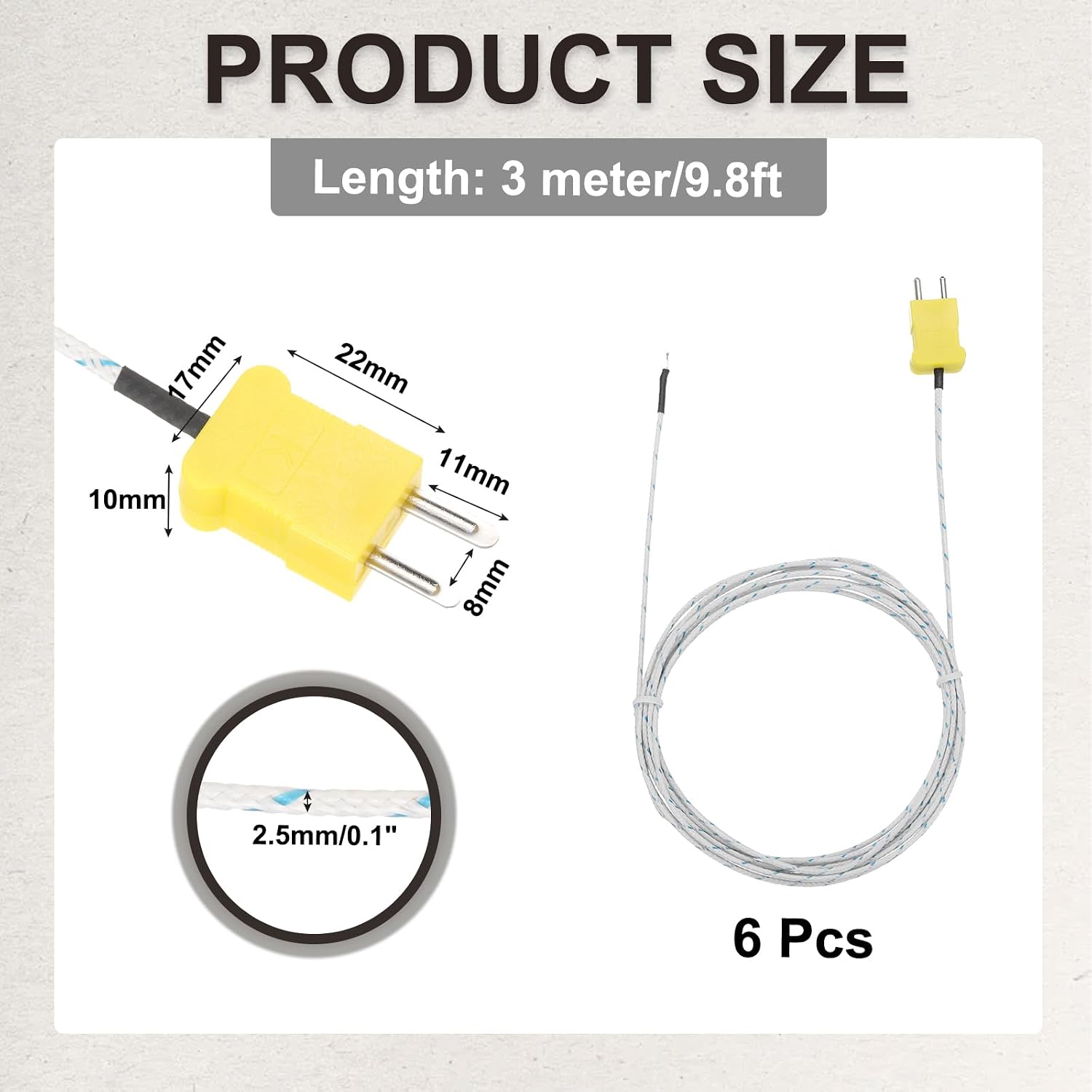 MECCANIXITY 6pcs K Type Thermocouple Probe Mini Connector Temperature Sensor Universal for TM-902C TES1310 Thermometer, -50-400C 9.8ft White